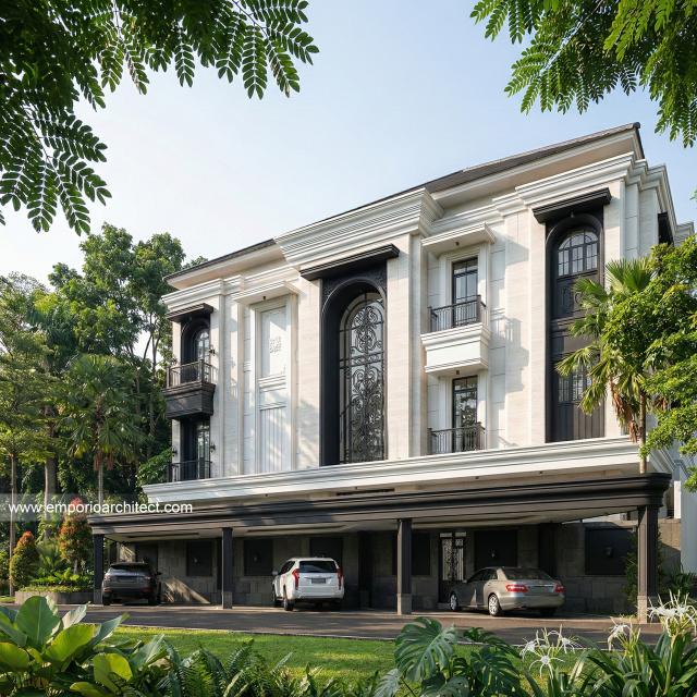 Desain Tampak Samping Rumah Klasik Mediteran 3 Lantai Bapak JTN di Alam Sutera, Tangerang Selatan