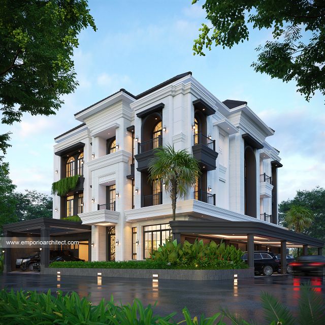 Desain Tampak Hook Rumah Klasik Mediteran 3 Lantai Bapak JTN di Alam Sutera, Tangerang Selatan