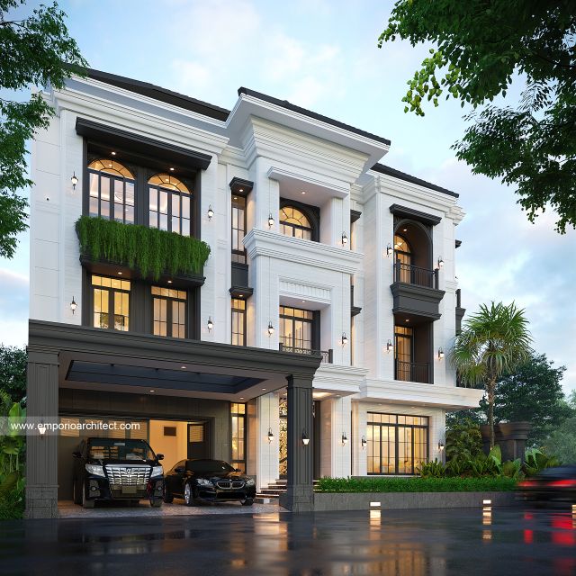 Desain Tampak Depan Rumah Klasik Mediteran 3 Lantai Bapak JTN di Alam Sutera, Tangerang Selatan