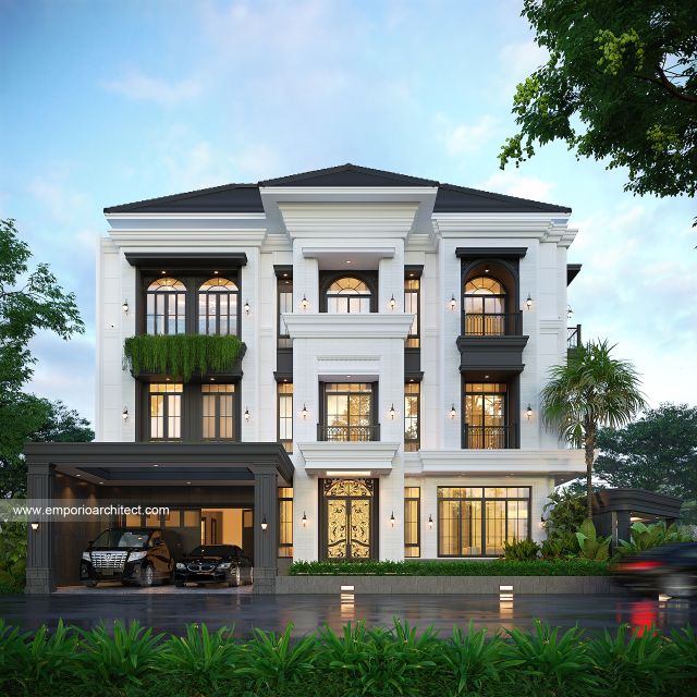 Desain Tampak Depan 2 Rumah Klasik Mediteran 3 Lantai Bapak JTN di Alam Sutera, Tangerang Selatan