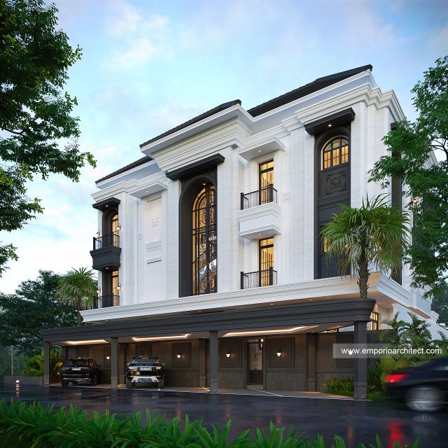 Desain Tampak Samping Rumah Klasik Mediteran 3 Lantai Bapak JTN di Alam Sutera, Tangerang Selatan