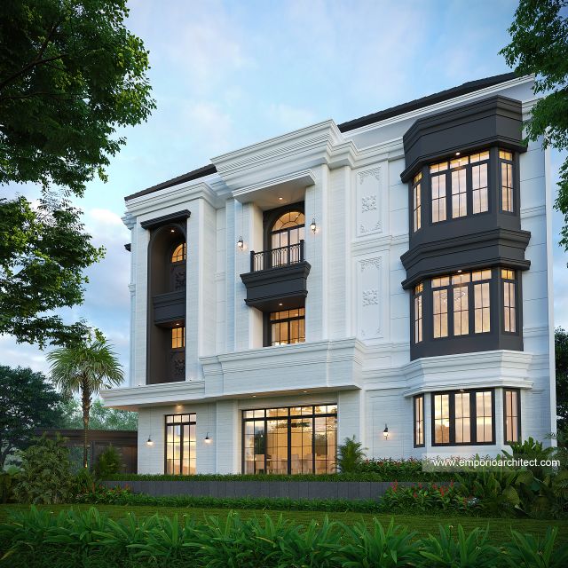 Desain Tampak Belakang Rumah Klasik Mediteran 3 Lantai Bapak JTN di Alam Sutera, Tangerang Selatan