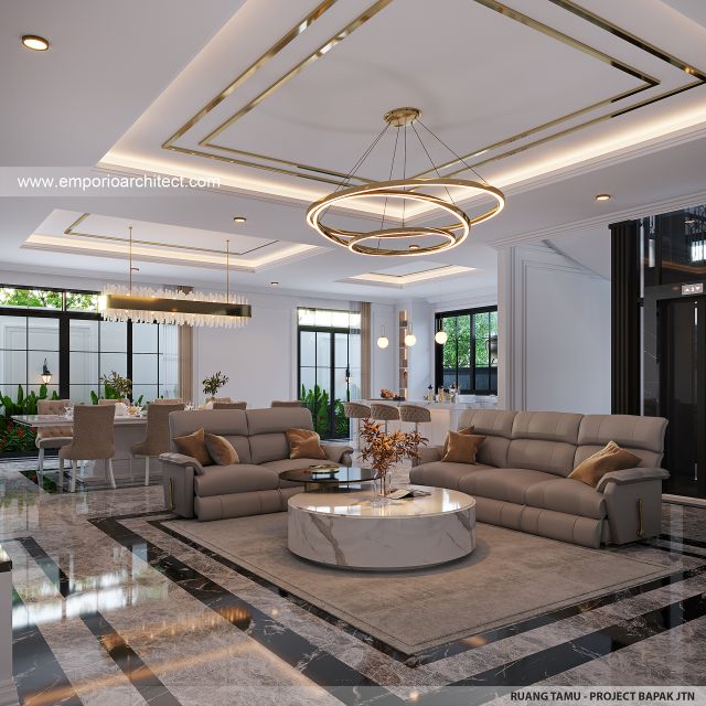 Desain Ruang Keluarga Rumah Klasik Mediteran 3 Lantai Bapak JTN di Alam Sutera, Tangerang Selatan
