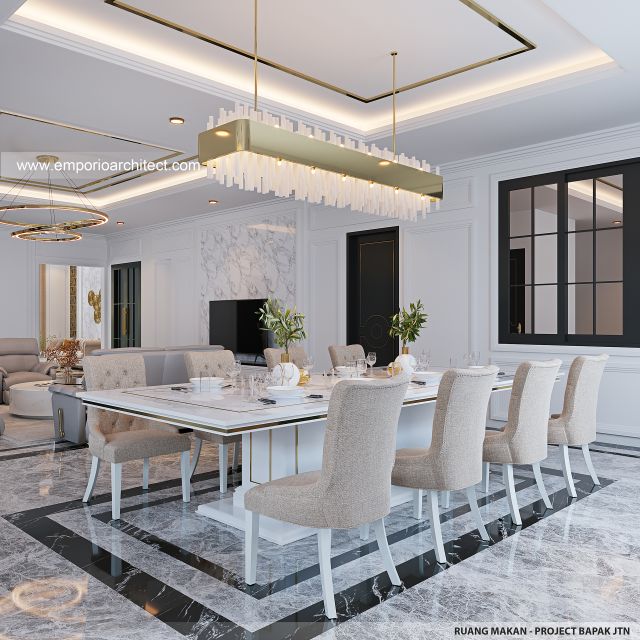 Desain Ruang Makan Rumah Klasik Mediteran 3 Lantai Bapak JTN di Alam Sutera, Tangerang Selatan