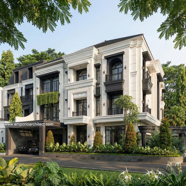 Desain Tampak Depan 2 Rumah Klasik Mediteran 3 Lantai Bapak JTN di Alam Sutera, Tangerang Selatan