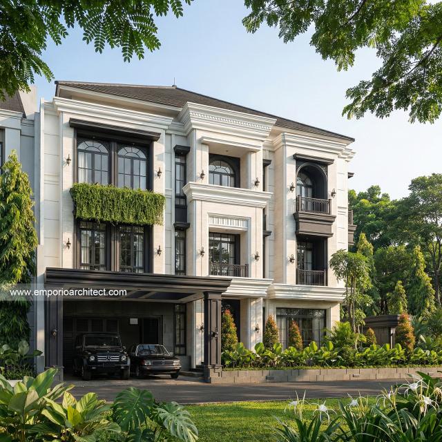 Desain Tampak Depan 3 Rumah Klasik Mediteran 3 Lantai Bapak JTN di Alam Sutera, Tangerang Selatan