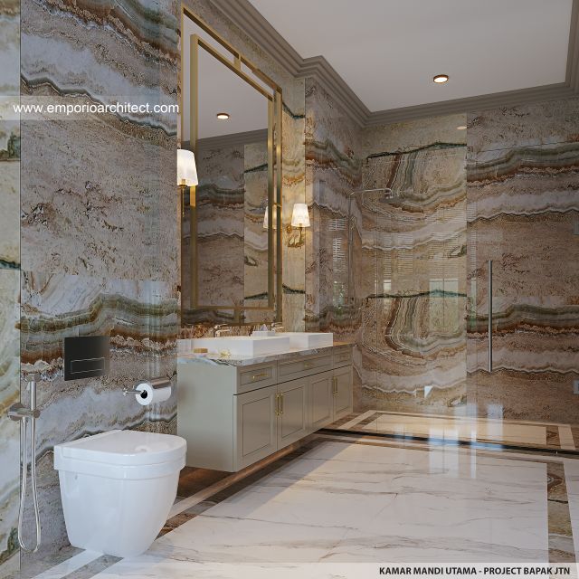 Desain Kamar Mandi Utama Rumah Klasik Mediteran 3 Lantai Bapak JTN di Alam Sutera, Tangerang Selatan