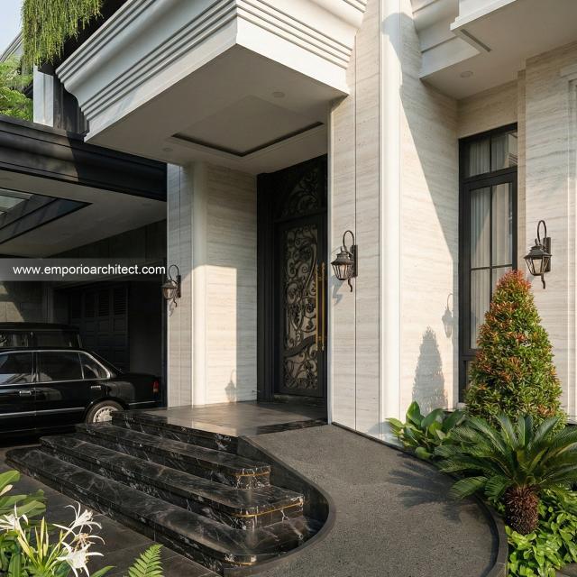 Desain Tampak Detail Depan 3 Rumah Klasik Mediteran 3 Lantai Bapak JTN di Alam Sutera, Tangerang Selatan