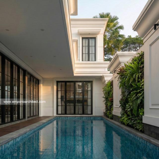 Desain Tampak Detail Kolam Rumah Klasik Mediteran 3 Lantai Bapak ASH di Sentul, Bogor