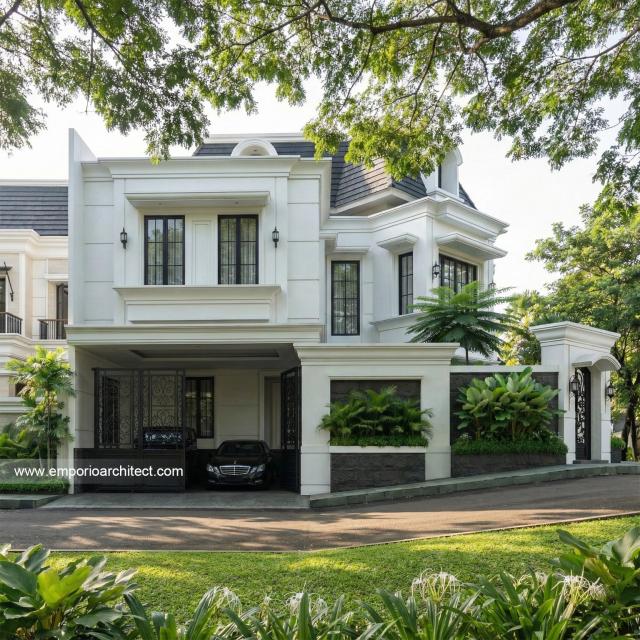 Desain Tampak Depan Rumah Klasik Mediteran 3 Lantai Bapak ASH di Sentul, Bogor
