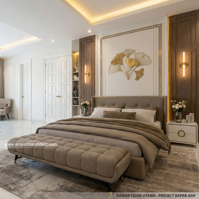 Desain Kamar Tidur Utama Rumah Klasik Mediteran 3 Lantai Bapak ASH di Sentul, Bogor