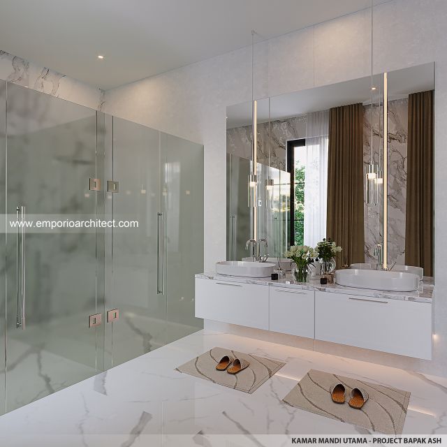 Desain Kamar Mandi Utama Rumah Klasik Mediteran 3 Lantai Bapak ASH di Sentul, Bogor