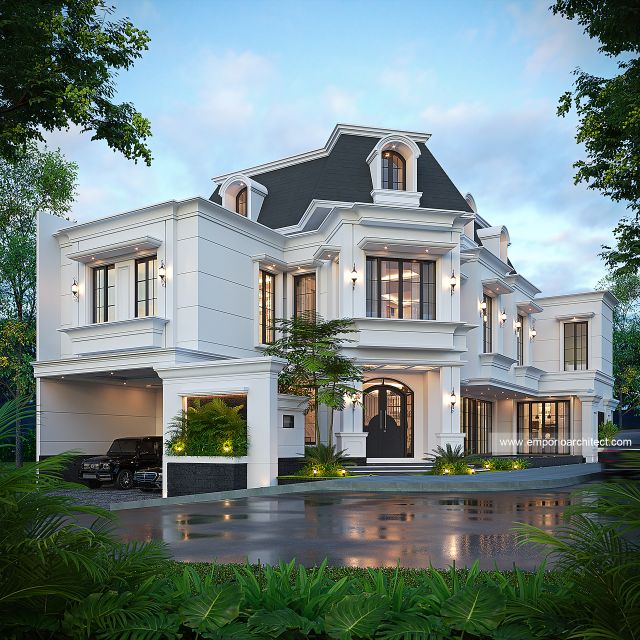 Desain Tampak Hook 2 Rumah Klasik Mediteran 3 Lantai Bapak ASH di Sentul, Bogor