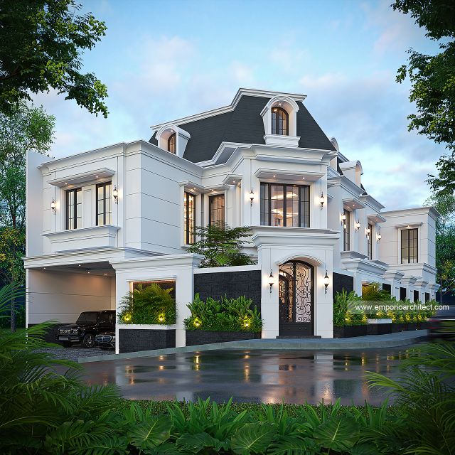 Desain Tampak Hook Dengan Pagar Rumah Klasik Mediteran 3 Lantai Bapak ASH di Sentul, Bogor