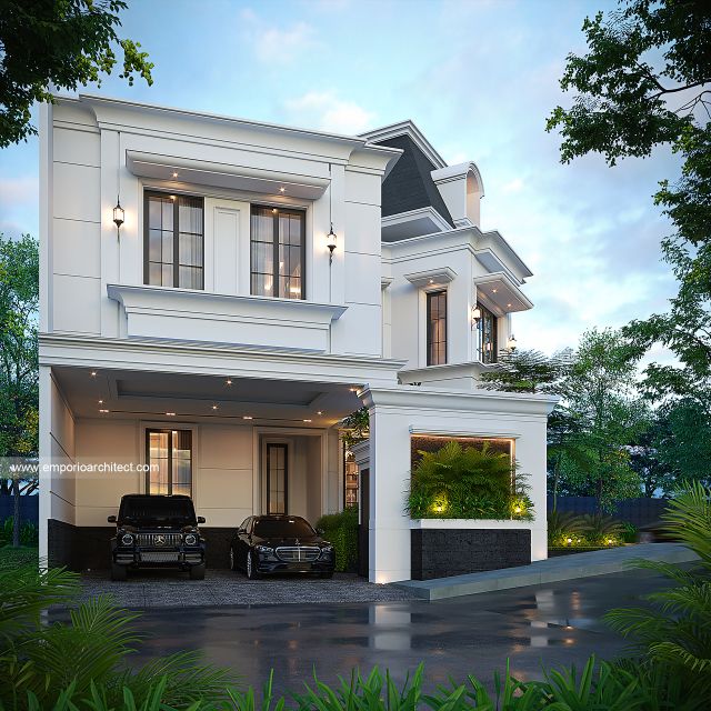 Desain Tampak Depan Rumah Klasik Mediteran 3 Lantai Bapak ASH di Sentul, Bogor