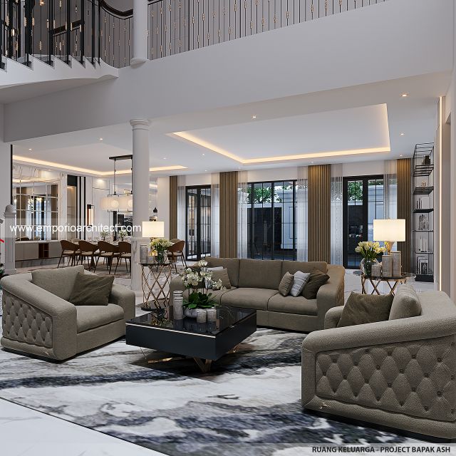 Desain Ruang Keluarga Rumah Klasik Mediteran 3 Lantai Bapak ASH di Sentul, Bogor
