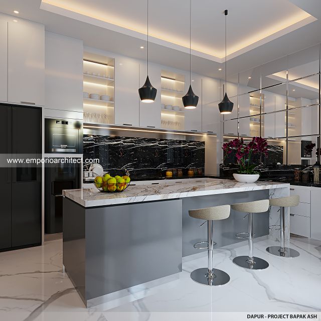 Desain Dapur Rumah Klasik Mediteran 3 Lantai Bapak ASH di Sentul, Bogor
