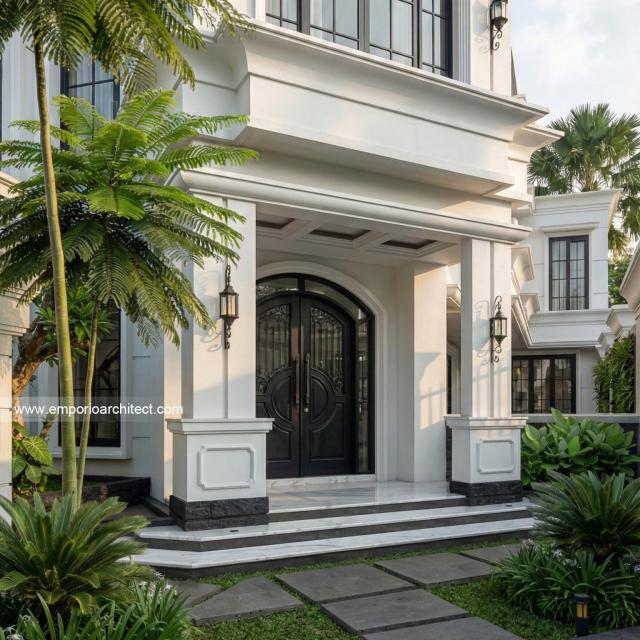Desain Tampak Detail Teras Rumah Klasik Mediteran 3 Lantai Bapak ASH di Sentul, Bogor