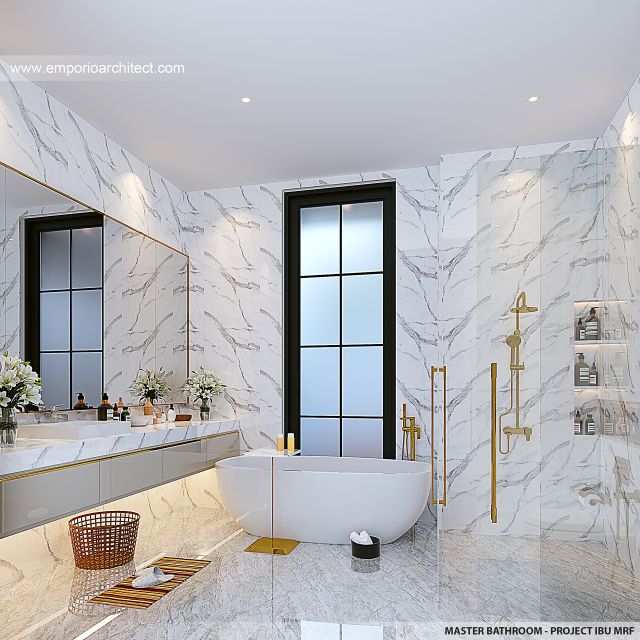 Desain Kamar Mandi Utama Rumah Klasik Mediteran 4 Lantai Ibu MRF di Jakarta