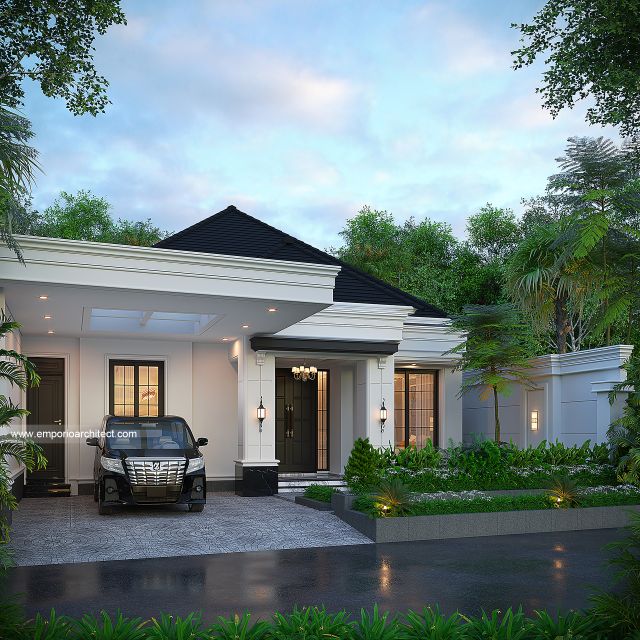 Desain Tampak Depan 2 Rumah Klasik Modern 1 Lantai Ibu YRT di Pekanbaru