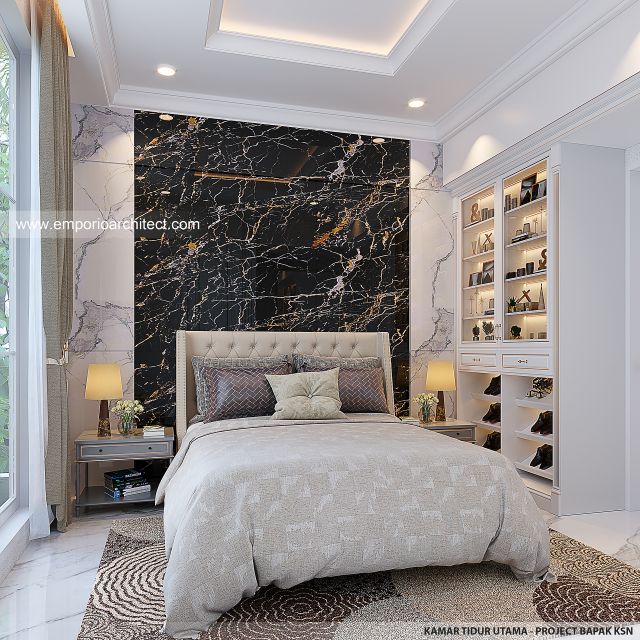 Desain Kamar Tidur Utama Rumah Klasik Modern 1 Lantai Bapak KSN di Cirebon, Jawa Barat