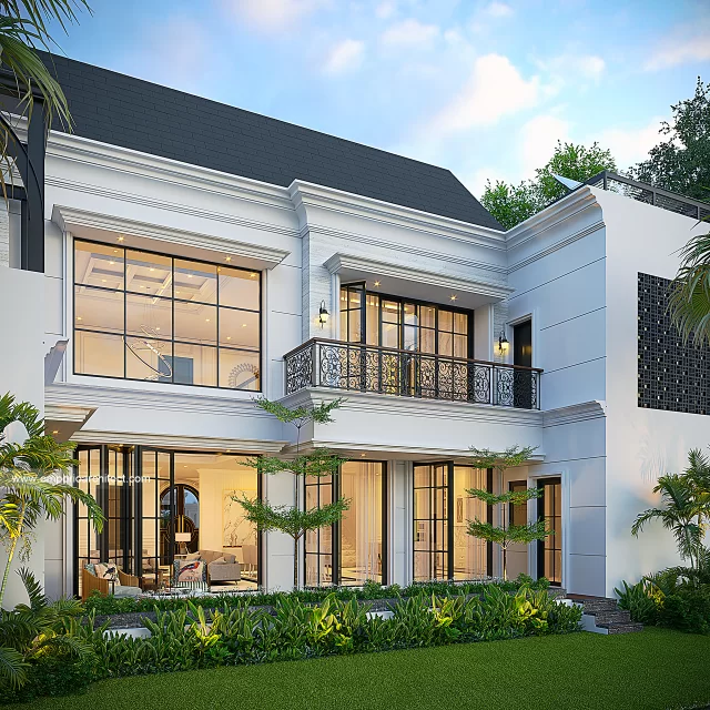 Desain Tampak Belakang Rumah Mediteran Klasik 2 Lantai Ibu E di Jakarta