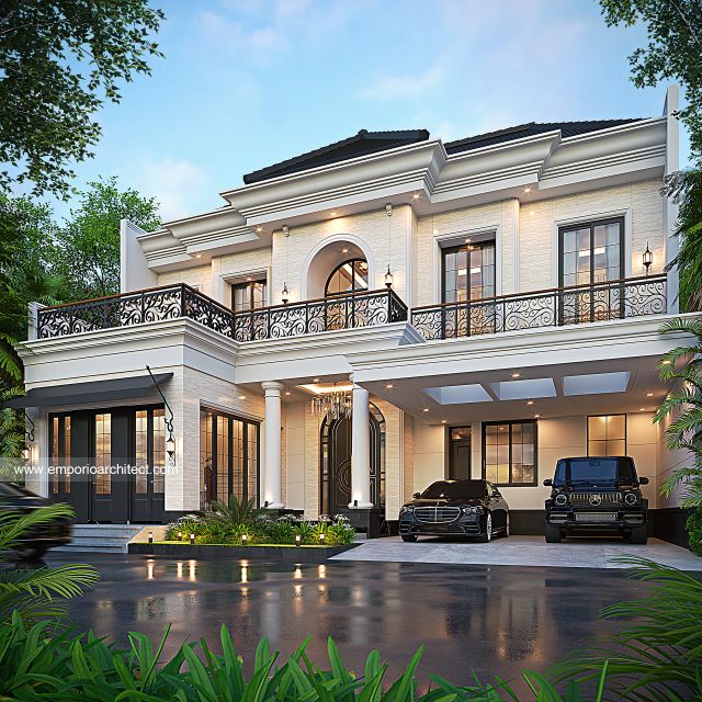 Desain Tampak Depan Rumah Klasik Modern 2 Lantai Ibu ARN di Cikarang, Bekasi