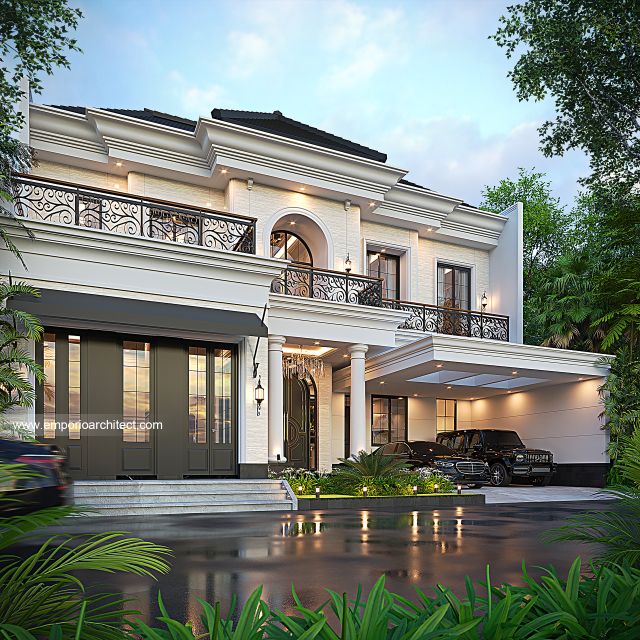 Desain Tampak Depan 2 Rumah Klasik Modern 2 Lantai Ibu ARN di Cikarang, Bekasi