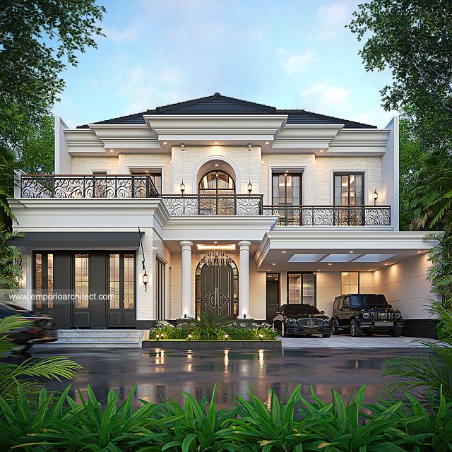 Desain Tampak Depan 3 Rumah Klasik Modern 2 Lantai Ibu ARN di Cikarang, Bekasi