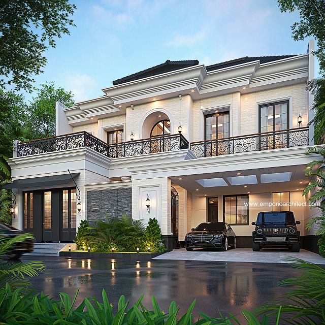 Desain Tampak Depan 4 Rumah Klasik Modern 2 Lantai Ibu ARN di Cikarang, Bekasi