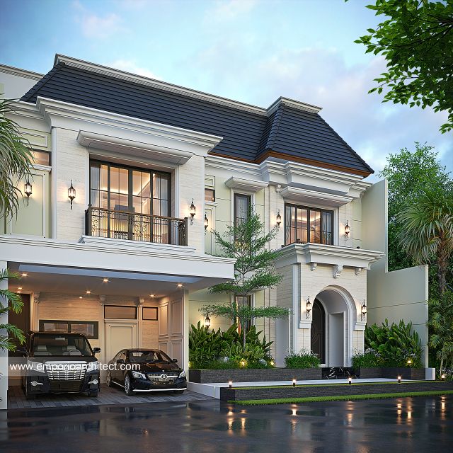 Desain Tampak Depan 2 Rumah Mediteran Klasik 2 Lantai Bapak AMH di Palembang
