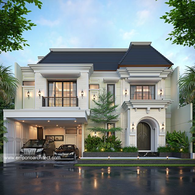 Desain Tampak Depan 3 Rumah Mediteran Klasik 2 Lantai Bapak AMH di Palembang