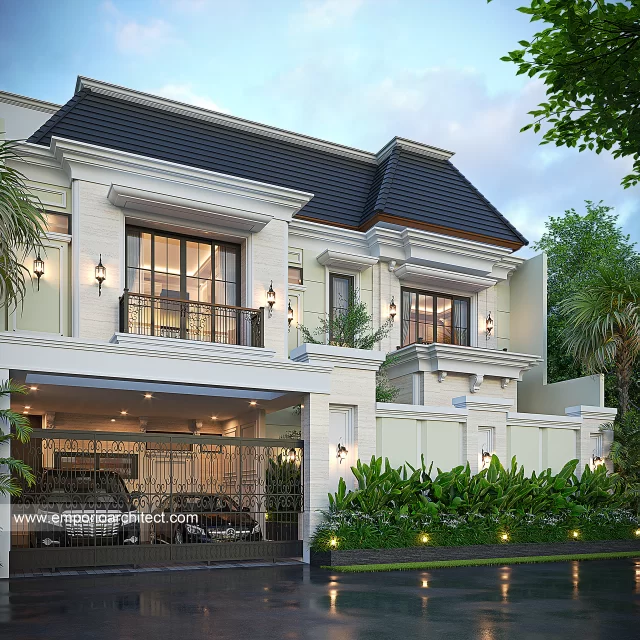 Desain Tampak Depan Dengan Pagar Rumah Mediteran Klasik 2 Lantai Bapak AMH di Palembang