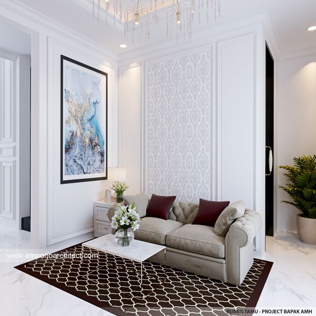 Desain Ruang Tamu Rumah Mediteran Klasik 2 Lantai Bapak AMH di Palembang