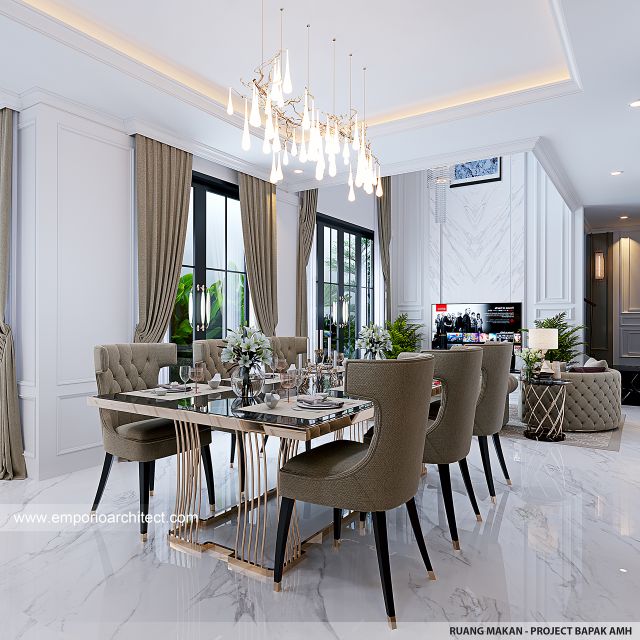 Desain Ruang Makan Rumah Mediteran Klasik 2 Lantai Bapak AMH di Palembang