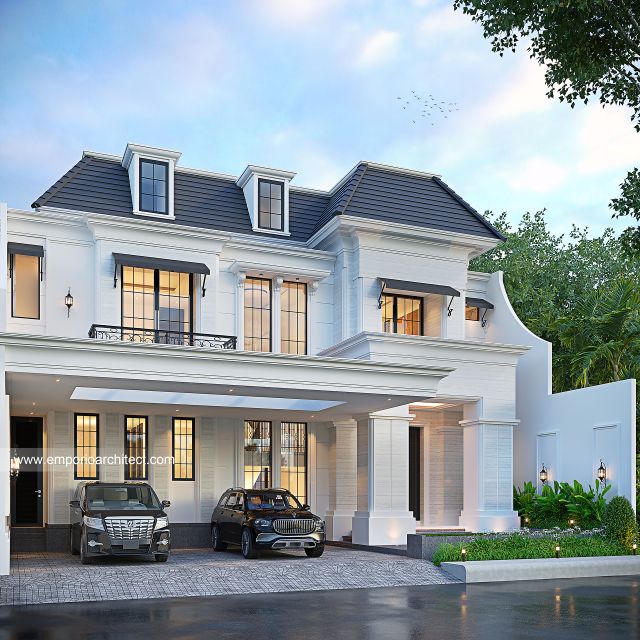 Desain Tampak Depan 2 Rumah Klasik Modern 2 Lantai Bapak MMT di Jakarta