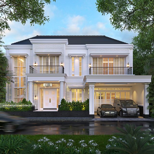 Desain Tampak Depan Rumah Klasik Modern 2 Lantai Bapak HDI di Sukabumi, Jawa Barat