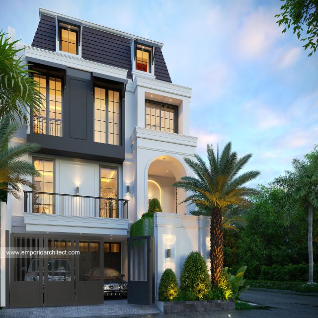 Desain Tampak Depan Dengan Pagar 2 Rumah Mediteran Klasik 2.5 Lantai Bapak Fedie di Jakarta