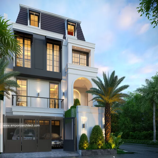 Desain Tampak Depan Dengan Pagar 2 Rumah Mediteran Klasik 2.5 Lantai Bapak Fedie di Jakarta