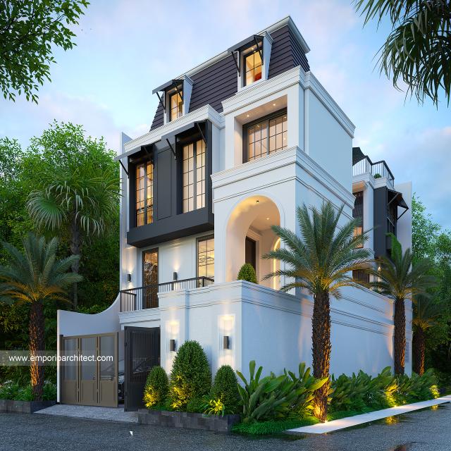 Desain Tampak Hook Rumah Mediteran Klasik 2.5 Lantai Bapak Fedie di Jakarta