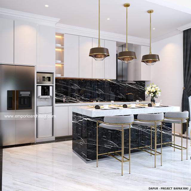 Desain Dapur Rumah Mediteran Klasik 2.5 Lantai Bapak Fedie di Jakarta