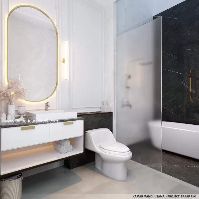 Desain Kamar Mandi Utama Rumah Mediteran Klasik 2.5 Lantai Bapak Fedie di Jakarta