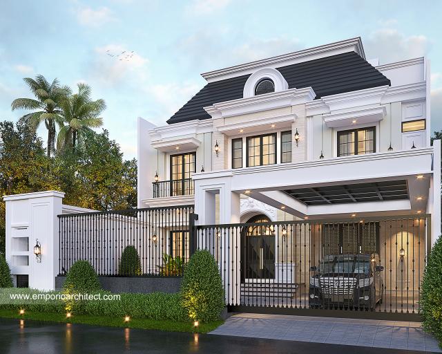 Desain Tampak Depan Dengan Pagar Rumah Klasik Modern 2.5 Lantai Ibu LYL di Batam