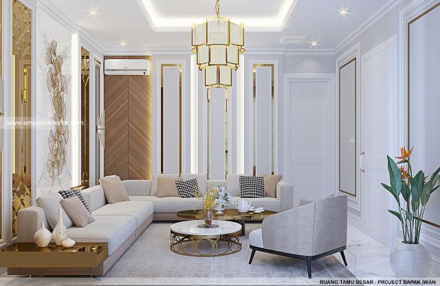 Desain Ruang Tamu Besar Rumah Klasik Modern 2.5 Lantai Bapak IWN di Jambi