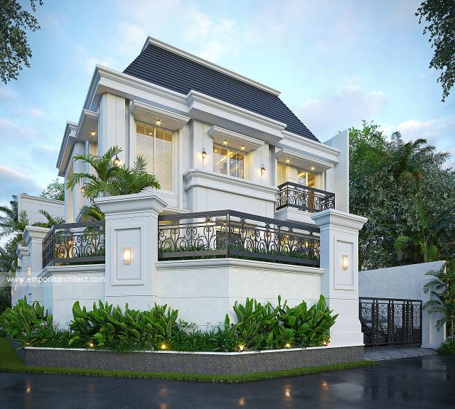 Desain Tampak Hook Rumah Klasik Modern 3 Lantai Ibu NKE di Jakarta Selatan