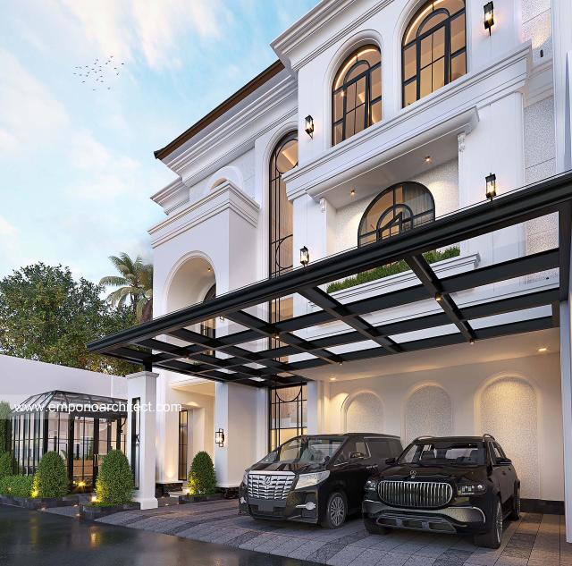 Desain Tampak Detail Depan 2 Rumah Klasik Mediteran 3 Lantai Ibu Adiezty Fersa dan Bapak Gilang Dirga II di Jakarta