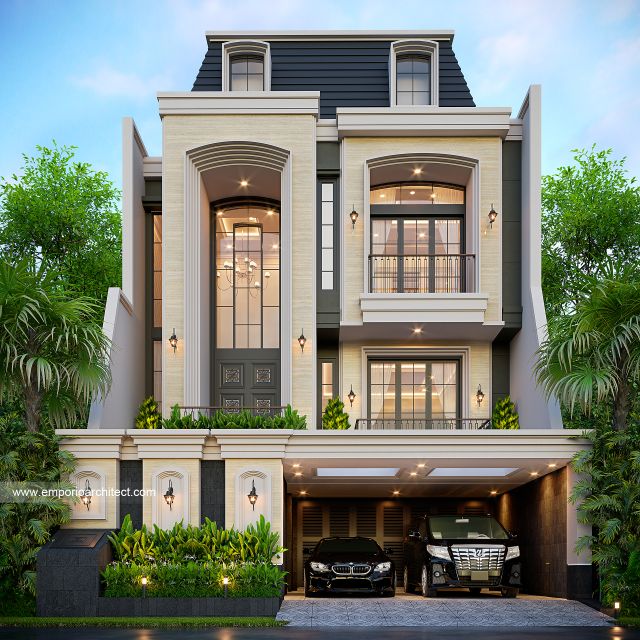 Desain Tampak Depan Rumah Klasik Modern 3 Lantai Bapak GY di Jakarta Utara