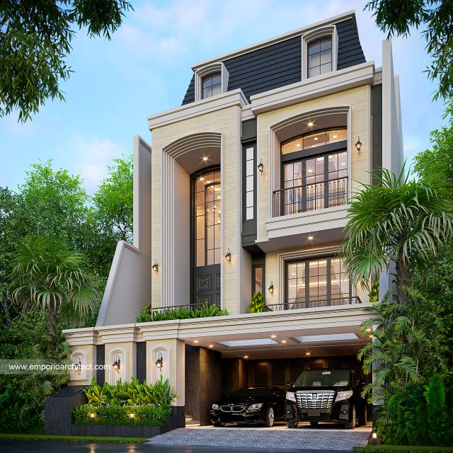 Desain Tampak Depan 2 Rumah Klasik Modern 3 Lantai Bapak GY di Jakarta Utara