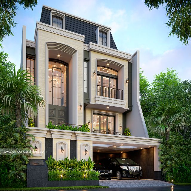 Desain Tampak Depan 3 Rumah Klasik Modern 3 Lantai Bapak GY di Jakarta Utara