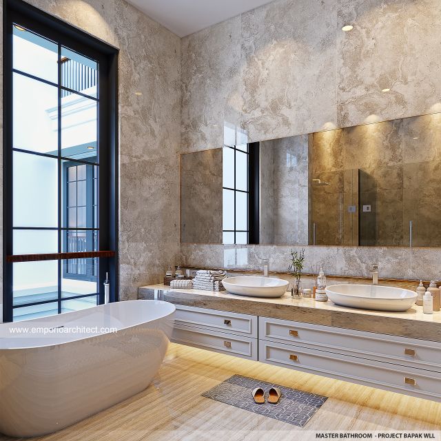 Desain Kamar Mandi Utama Rumah Klasik Modern 3 Lantai Bapak WLL di Tangerang